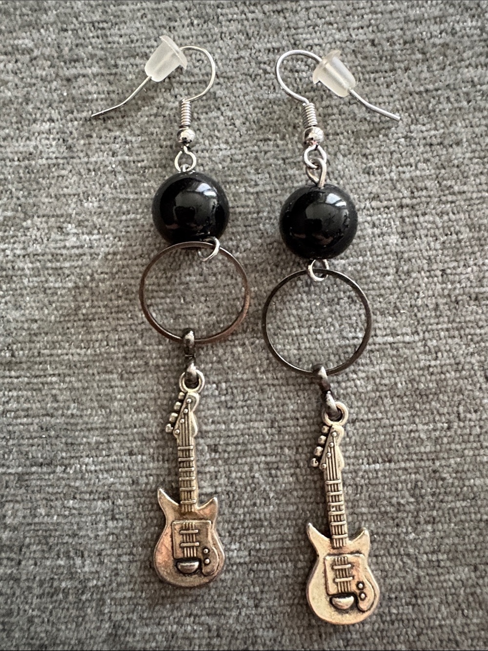 Silver Guitar Charm Drop Earrings with Black Beads